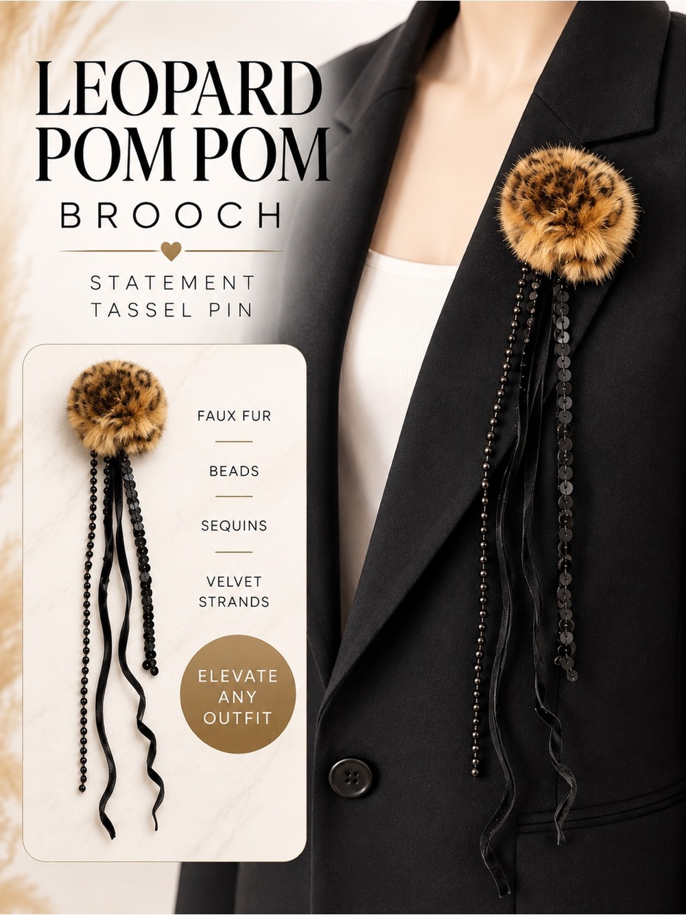 Leopard Faux Fur Pom Pom Brooch Pin Beaded Sequin Tassel Statement Jewelry